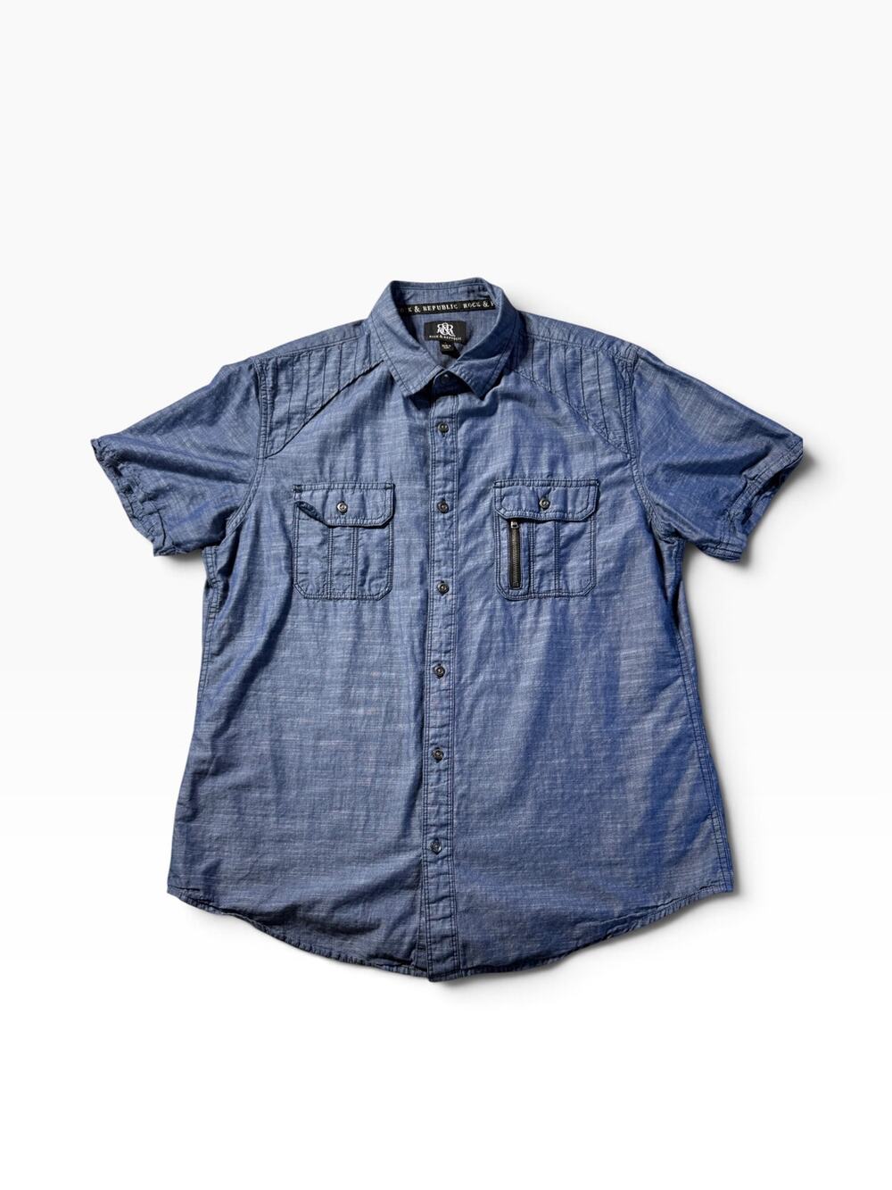Rock & Republic Men’s Large Blue Chambray Utility Shirt Zip Pocket Short Sleeve